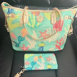 Spartina golden mermaid tote with matching wallet/wristlet- new without tags